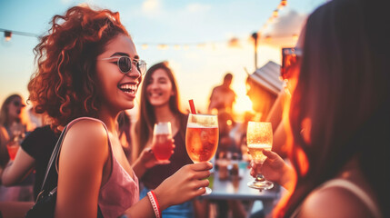 Joyful friends toasting with cocktails at a vibrant rooftop party during sunset.