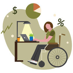 A disabled person in a wheelchair works in an office. A disabled person works online. Disabled person working at a desk.Working environment for the disabled.