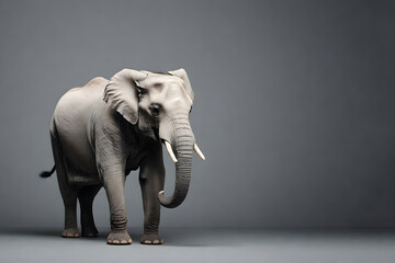 A crafted elephant statue made from cement is positioned on a gray floor with a matching gray background. Professional and minimalist with copy space.