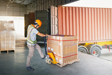 Warehouse Workers Loading a Package Pallets at Warehouse. Container Shipping. Supply Chain, Supplies Shipment, Freight Truck Logistic, Cargo Transport.
