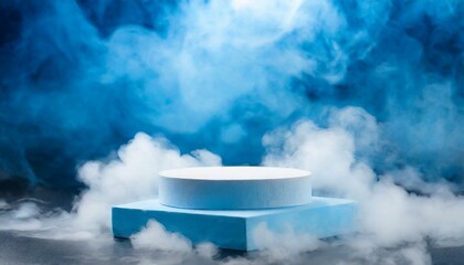 Celestial Cocoon: Blue Background with Product Podium Amidst Clouds and Mist