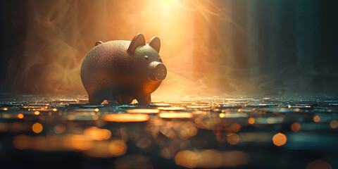 Money falling into pink piggybank. Piggy bank saving money for a good financial future savings and finance concept
 - obrazy, fototapety, plakaty