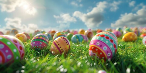 Fototapeta na wymiar A variety of vibrant Easter eggs are displayed on the grass, creating a colorful and festive event. The eggs showcase intricate patterns and are made of natural materials AIG42E