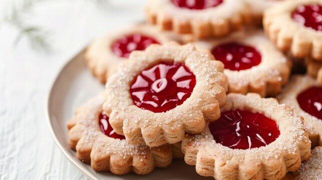 Delicious Linzer cookies with sweet jam and sugar-dusted pastry for a traditional treat