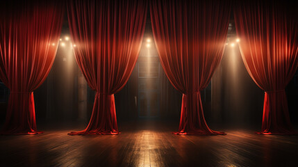 Red stage curtain and wooden floor realistic vector. Theater, opera scene drape backdrop, concert...