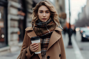 Obraz premium Stylish young woman enjoying coffee break on urban city street, exuding elegance and confidence in the bustling cityscape.