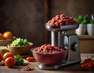 Electric meat grinder mince beef and pork meat in the kitchen in daylight. Soft blurred background slow motion camera zoom. Advertising Process of meat grinding with mincing electric machine Cook food
