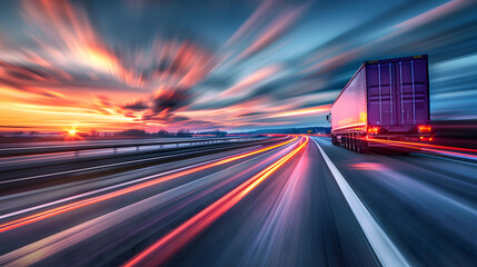 Fototapeta na wymiar a dynamic rig shot photograph of a transporter moving swiftly along a bustling highway, capturing the essence of speed and motion. its shiny surface reflecting the early evening sky