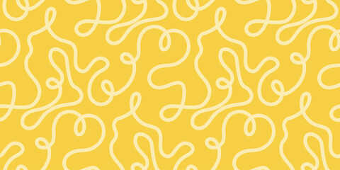 Noodle pasta seamless pattern vector background. Spaghetti curvy doodle pattern, Italian pasta background. Chinese abstract noodle, ramen design yellow food wallpaper. Vector illustration - obrazy, fototapety, plakaty