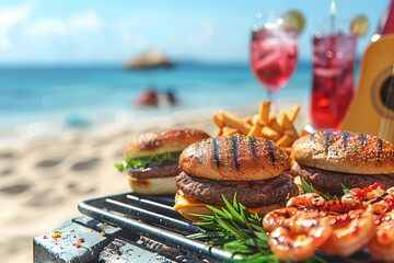 A Beachside Barbecue with Friends, Featuring Grilled Treats and Sunny Ocean Views, Generative AI - obrazy, fototapety, plakaty