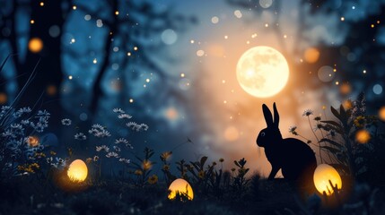A rabbit is perched in the natural landscape of grass, beside an Easter egg. The scene combines elements of plant life and a festive event AIG42E