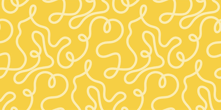 Noodle pasta seamless pattern vector background. Spaghetti curvy doodle pattern, Italian pasta background. Chinese abstract noodle, ramen design yellow food wallpaper. Vector illustration