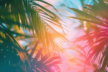 Close-up photo of palm leaves with different light on them. The concept of summer holidays in...