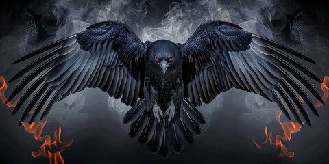 Fototapeta premium Dark Sovereign of the Sky: A Raven Spreads Its Grand Wings, Conjuring Gothic Elegance and Mystery, Generative AI