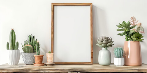 white blank wooden frame on shelf with cactus and succulents,mockup