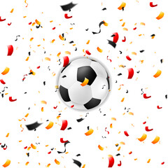 Confetti in German colors and soccer ball, sport football background. Vector design
