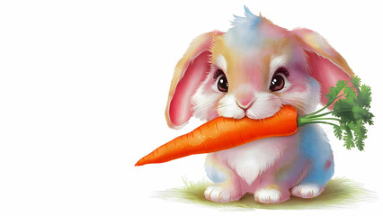 Cartoon rabbit holding a carrot on white background