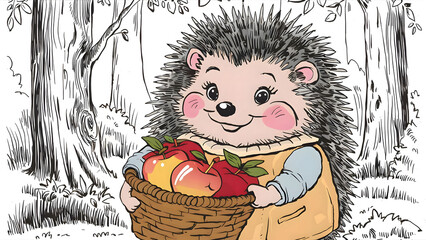 Cute cartoon hedgehog with a basket of apples