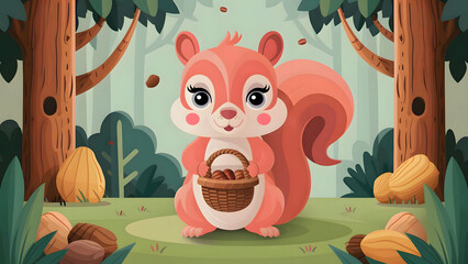 Cute cartoon squirrel holding a nut.