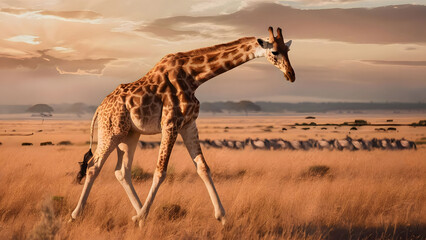 Giraffe Walking in savanna - obrazy, fototapety, plakaty