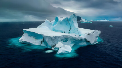 Wide-angle image of an iceberg in calm waters