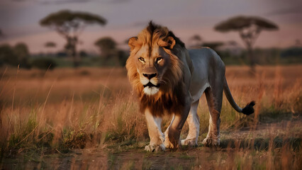 Big lion walking on savannah grass.