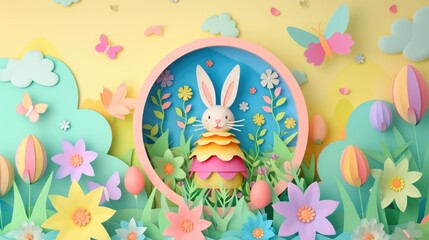 An artistic Easter scene with a paper cut bunny surrounded by eggs, flowers, and green grass,...