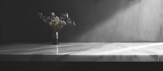 An empty marble table with white flowers in vase, sunlight , gray , black ,flower ,  plant , mockup , show product