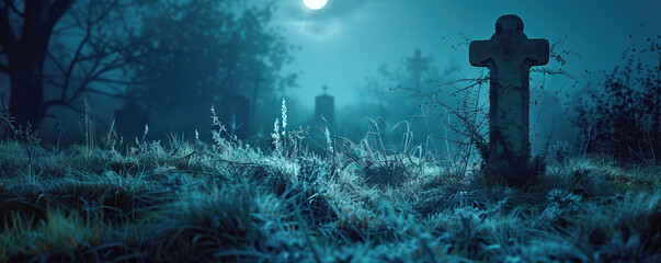 Full moon illuminating a solitary gravestone in a serene nighttime cemetery. Copy space - obrazy, fototapety, plakaty
