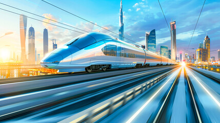 Futuristic train high speed travel in motion at the railway station in modern city with motion effect.