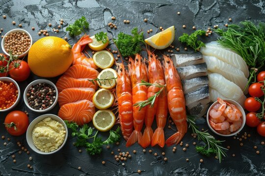 seafood on a black table , stock food photos
