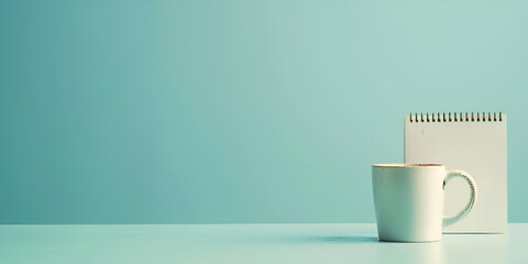 Modern workspace with a cup of coffee and notepad on pastel blue background, - obrazy, fototapety, plakaty