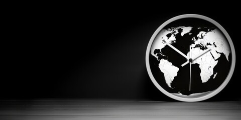 Fototapeta premium Global Rhythms: A Minimalist Monochrome World Clock Signifying Time Zones and International Connectivity, Generative AI