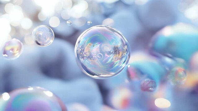 Bubbles shimmering with iridescent colors float against a blue backdrop. Spherical and translucent, their surfaces reflect subtle rainbow hues. 