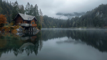Fototapeta na wymiar Lonely wooden rest house on the lake shore. Cloudy weather and slight fog