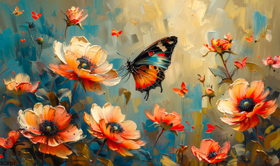 Vibrant oil painting depicting radiant orange butterflies fluttering amid stunning red peonies, a celebration of nature's warmth and beauty