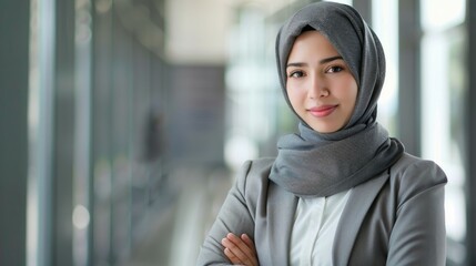 Confident female civil servant in hijab poses for a professional portrait in an office setting - obrazy, fototapety, plakaty