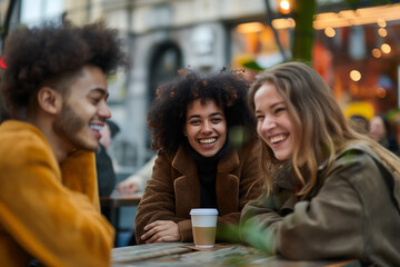 Multiracial group of happy smiling friends enjoy a cheerful coffee break, laughing during a lively lunch meeting. Different races and skin colors diversity. Vintage retro style