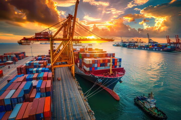 Container ship,  business logistic, Container loading in cargo, import and export concept