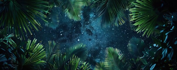 Naklejka na ściany i meble Tropical night sky view through lush palm leaves