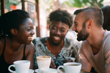 Multiracial group of happy smiling friends enjoy a cheerful coffee break, laughing during a lively lunch meeting. Different races and skin colors diversity. Vintage retro style - obrazy, fototapety, plakaty