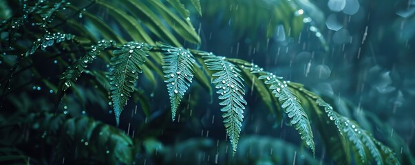 Close-up fern leaves adorned with rain or dew drops in a tropical setting at dawn