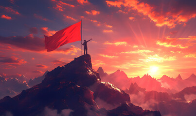 Illustration of silhouette man on top of mountain holding a victory flag , Concept success business idea , career ladder - obrazy, fototapety, plakaty