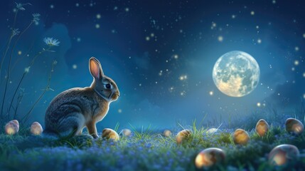 Fototapeta na wymiar A Mountain Cottontail rabbit is resting in the grass with Easter eggs in front of a full moon AIG42E