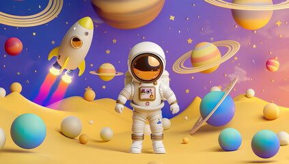 Naklejka premium Cute Astronaut with rocket on the background. 3D render image.