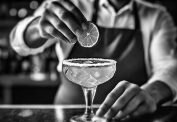 A black and white classic photo of an experienced mixologist bartender as he adds a lime wedge  to a beautifully prepared margarita in a glass with a salted rim, with ice. - Powered by Adobe