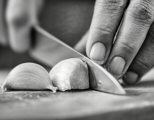 A close up, black and white photo of an experienced chef chopping a clove of garlic in half to add flavor - with a sharp chef's knife on a cutting board, butcher block - restaurant cuisine. - obrazy, fototapety, plakaty