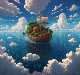 Pirate ship in the ocean. 3D illustration. Fantasy.