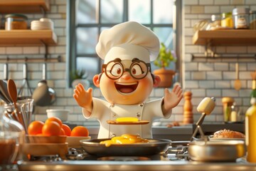 A cartoon chef is cooking eggs in a pan