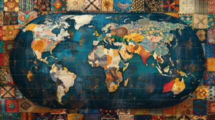 Textured world map made of various fabric patterns on an artistic background


